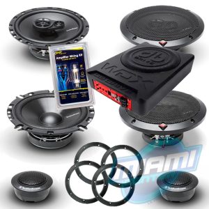 COMPONENTES ROCKFORD R165-S + PARLANTES R165X3 + ESPACIADORES ABS (4) + SUBWOOFER AMPLIFICADO WDX-AS10 • 10″ + KIT DE INSTALACIÓN DE 8 GAUGE